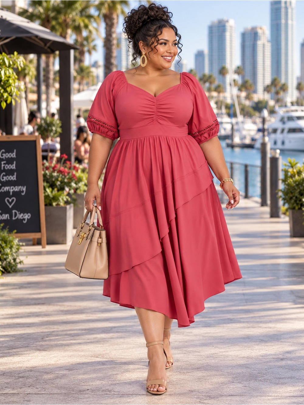 Siena Plus Size Coral Asymmetrical Midi Dress 2X (18W/20W) | Puff Sleeve NWT
